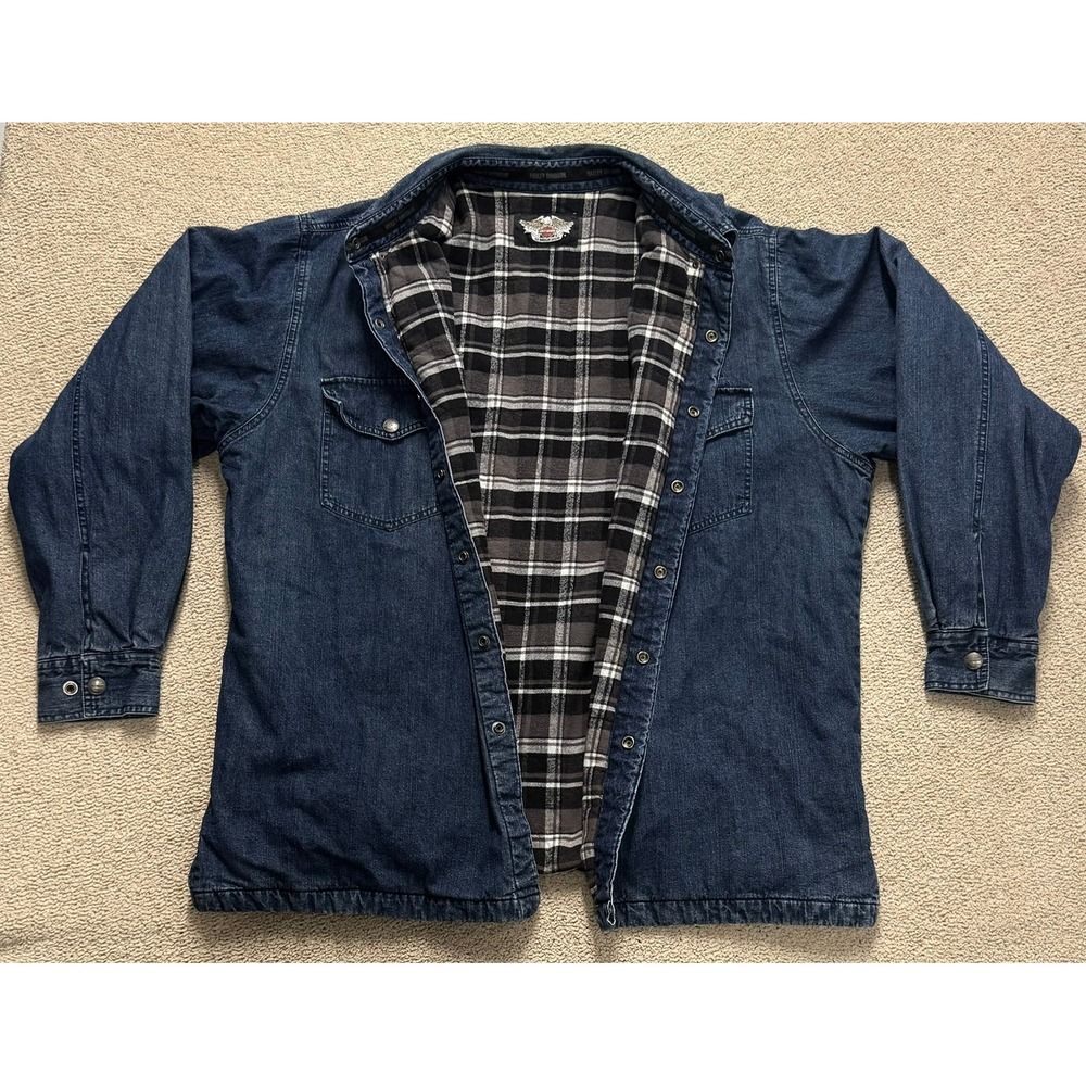 Harley Davidson Lone Wolf Denim Flannel Lined Shirt Jacket Mens XL